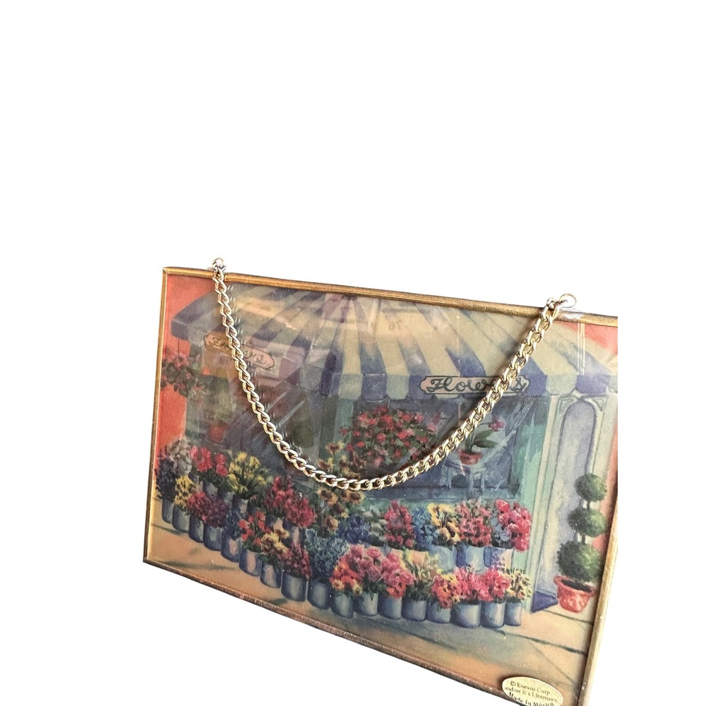 Enesco Flower Shop Hanging Wall Art Brass Frame Glass Chain Vintage 6.75x5 Inch